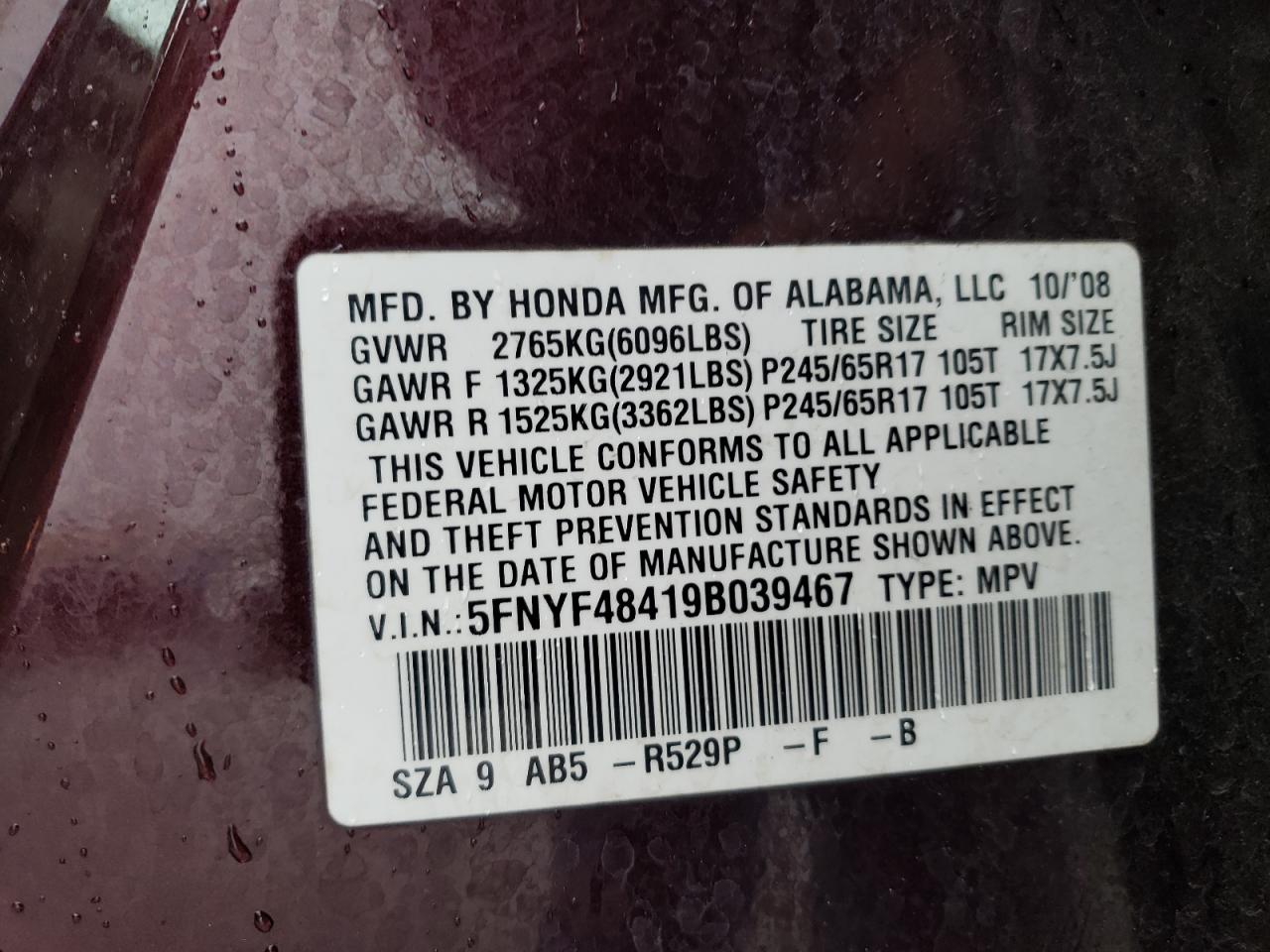 2009 Honda Pilot Ex VIN: 5FNYF48419B039467 Lot: 82743145