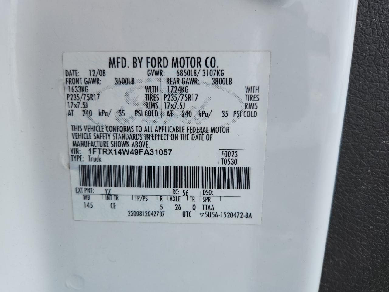 2009 Ford F150 Super Cab VIN: 1FTRX14W49FA31057 Lot: 86107875