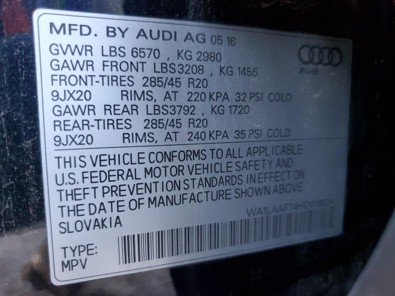 2017 Audi Q7 Premium Plus VIN: WA1LAAF74HD018634 Lot: 82588095