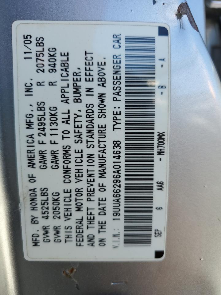 2006 Acura 3.2Tl VIN: 19UUA66296A014638 Lot: 87404535