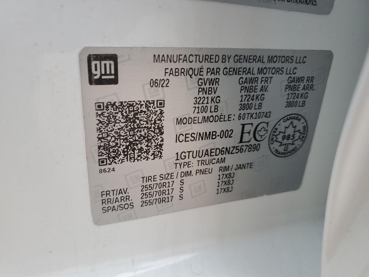 2022 GMC Sierra K1500 VIN: 1GTUUAED6NZ567890 Lot: 86302065