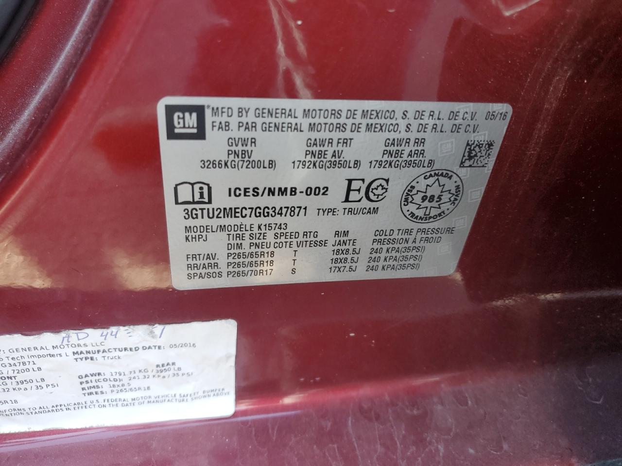 2016 GMC Sierra K1500 Sle VIN: 3GTU2MEC7GG347871 Lot: 90015005
