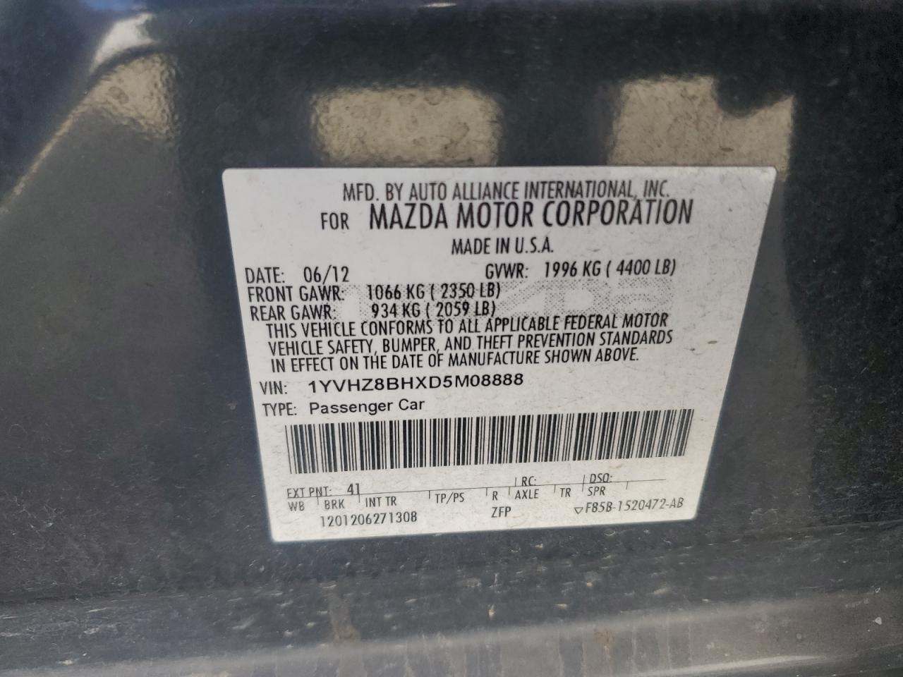 2013 Mazda 6 Sport VIN: 1YVHZ8BHXD5M08888 Lot: 86187535