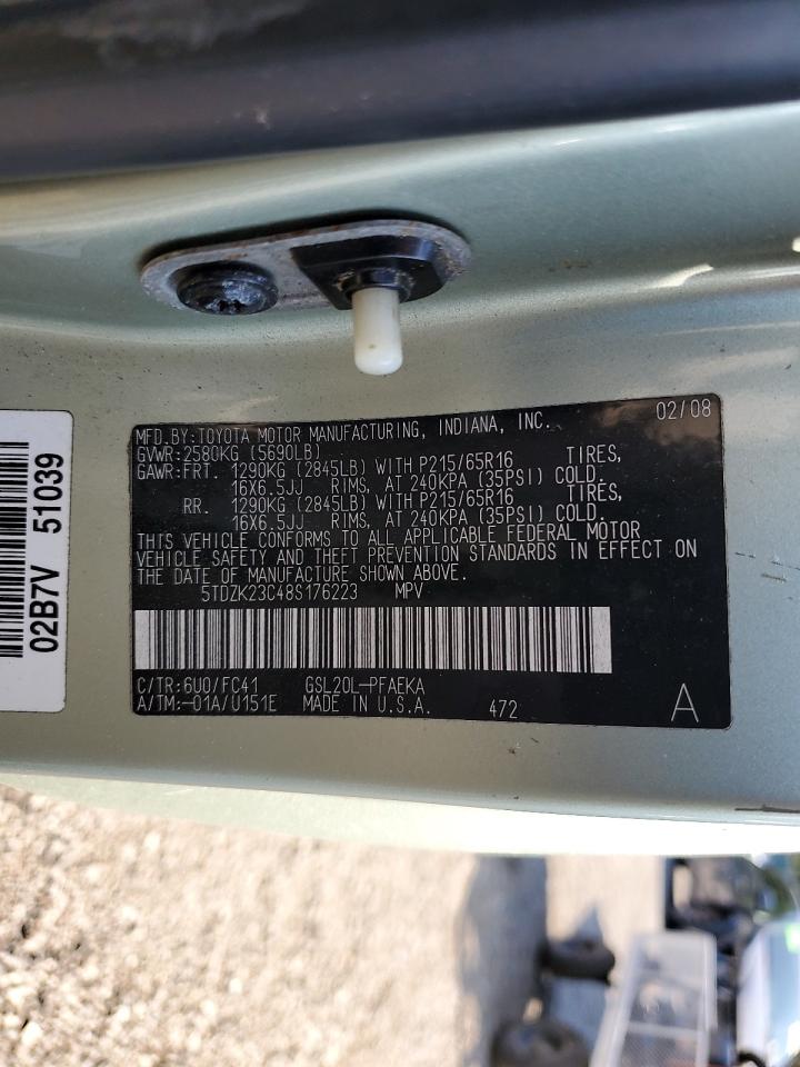 2008 Toyota Sienna Ce VIN: 5TDZK23C48S176223 Lot: 85372365