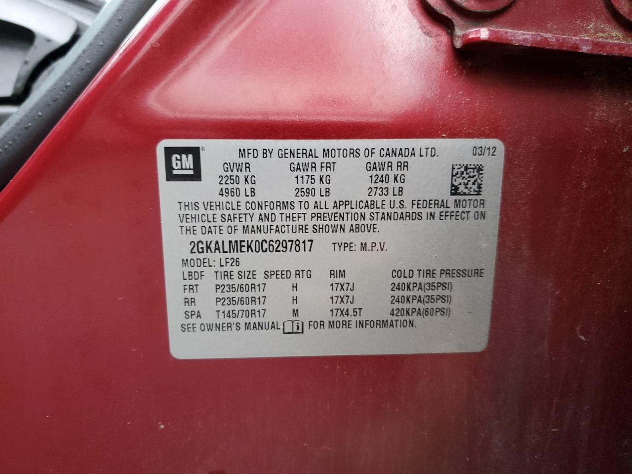 2012 GMC Terrain Sle VIN: 2GKALMEK0C6297817 Lot: 86630365