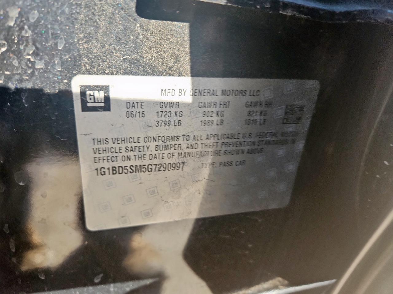 2016 Chevrolet Cruze Lt VIN: 1G1BD5SM5G7290997 Lot: 85153355