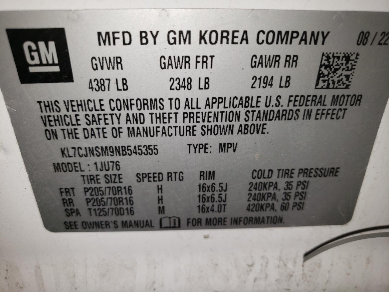 2022 Chevrolet Trax Ls VIN: KL7CJNSM9NB545355 Lot: 86670685