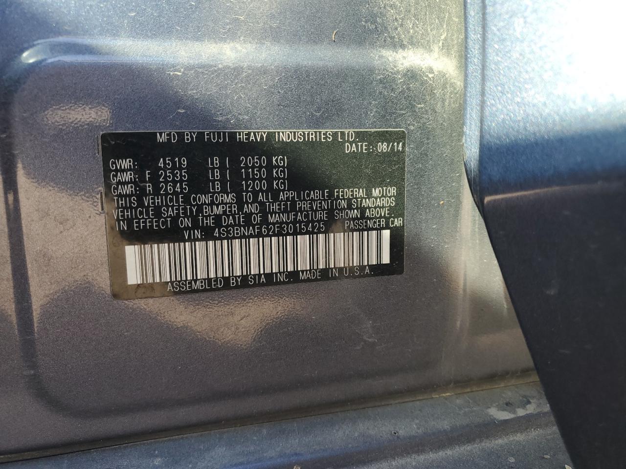 2015 Subaru Legacy 2.5I Premium VIN: 4S3BNAF62F3015425 Lot: 85319205