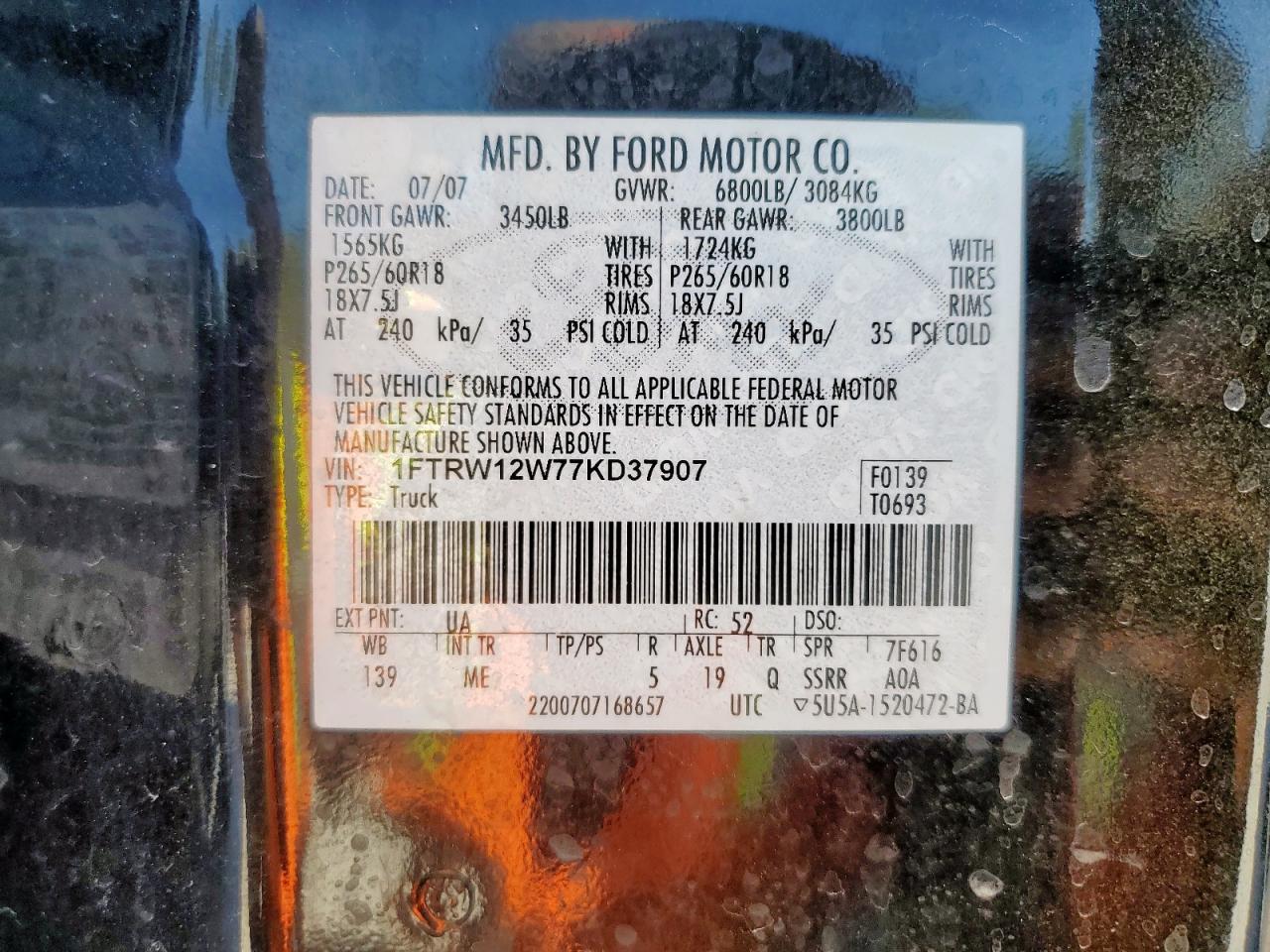 2007 Ford F150 Supercrew VIN: 1FTRW12W77KD37907 Lot: 86527885