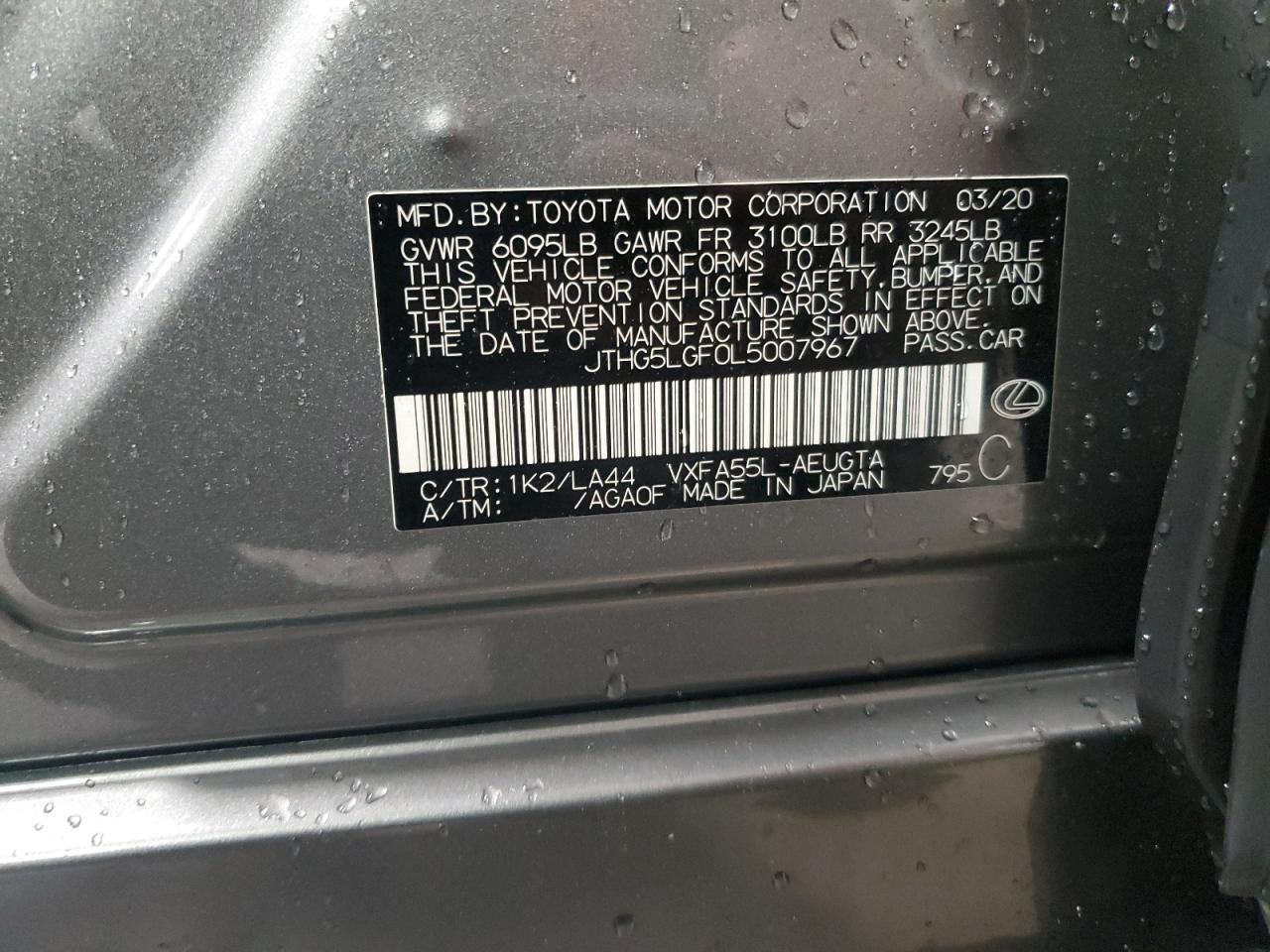 2020 Lexus Ls 500 Base VIN: JTHG5LGF0L5007967 Lot: 90065775