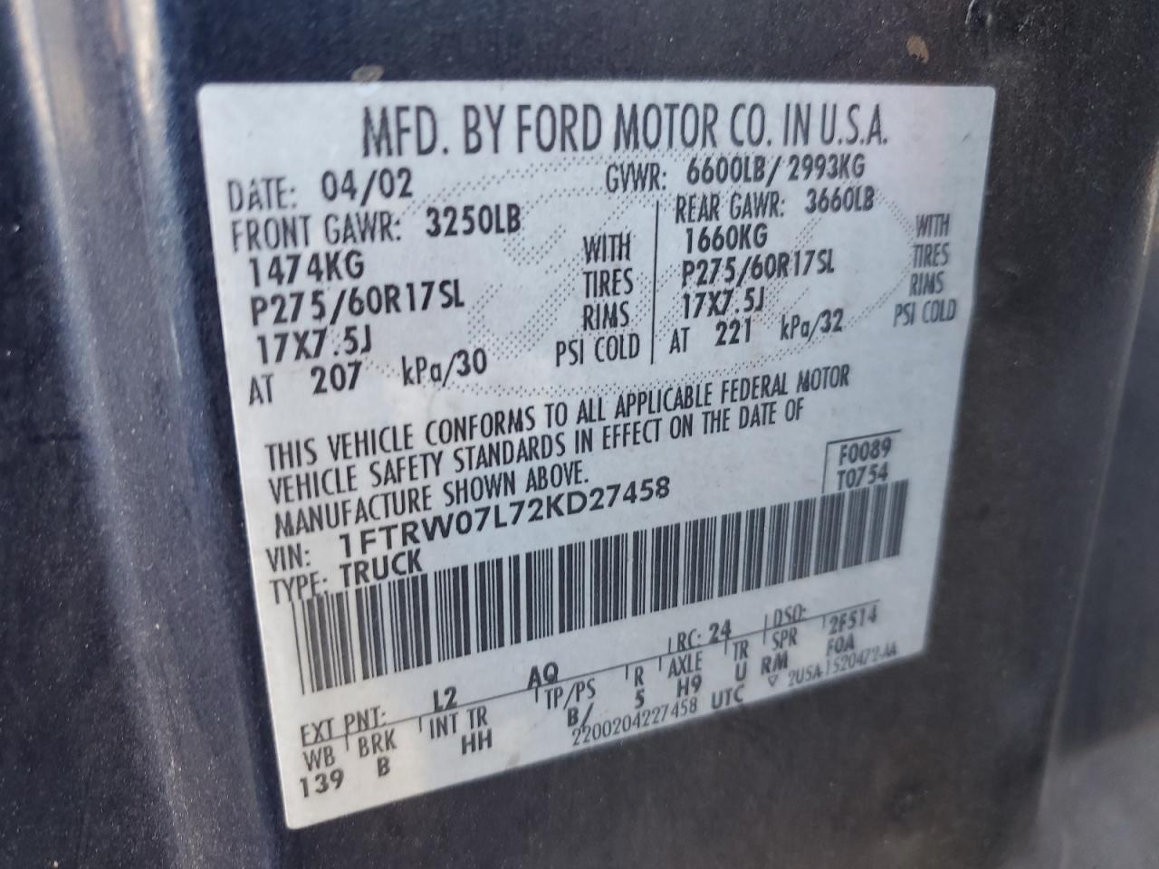 2002 Ford F150 Supercrew VIN: 1FTRW07L72KD27458 Lot: 93606105