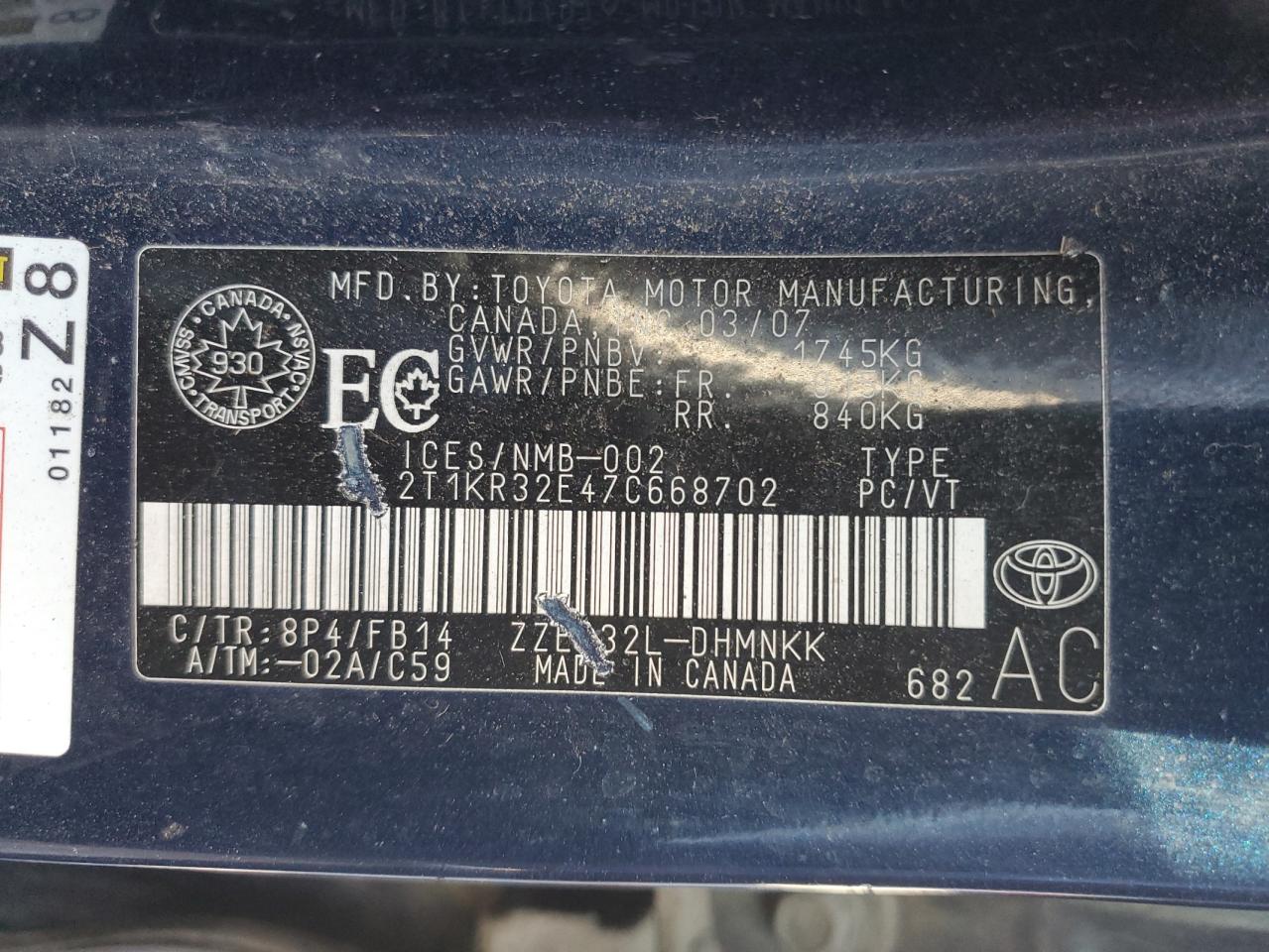 2007 Toyota Corolla Matrix Xr VIN: 2T1KR32E47C668702 Lot: 86766775