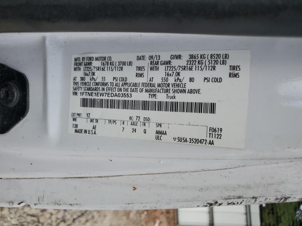 2014 Ford Econoline E150 Van VIN: 1FTNE1EW7EDA03553 Lot: 85704255