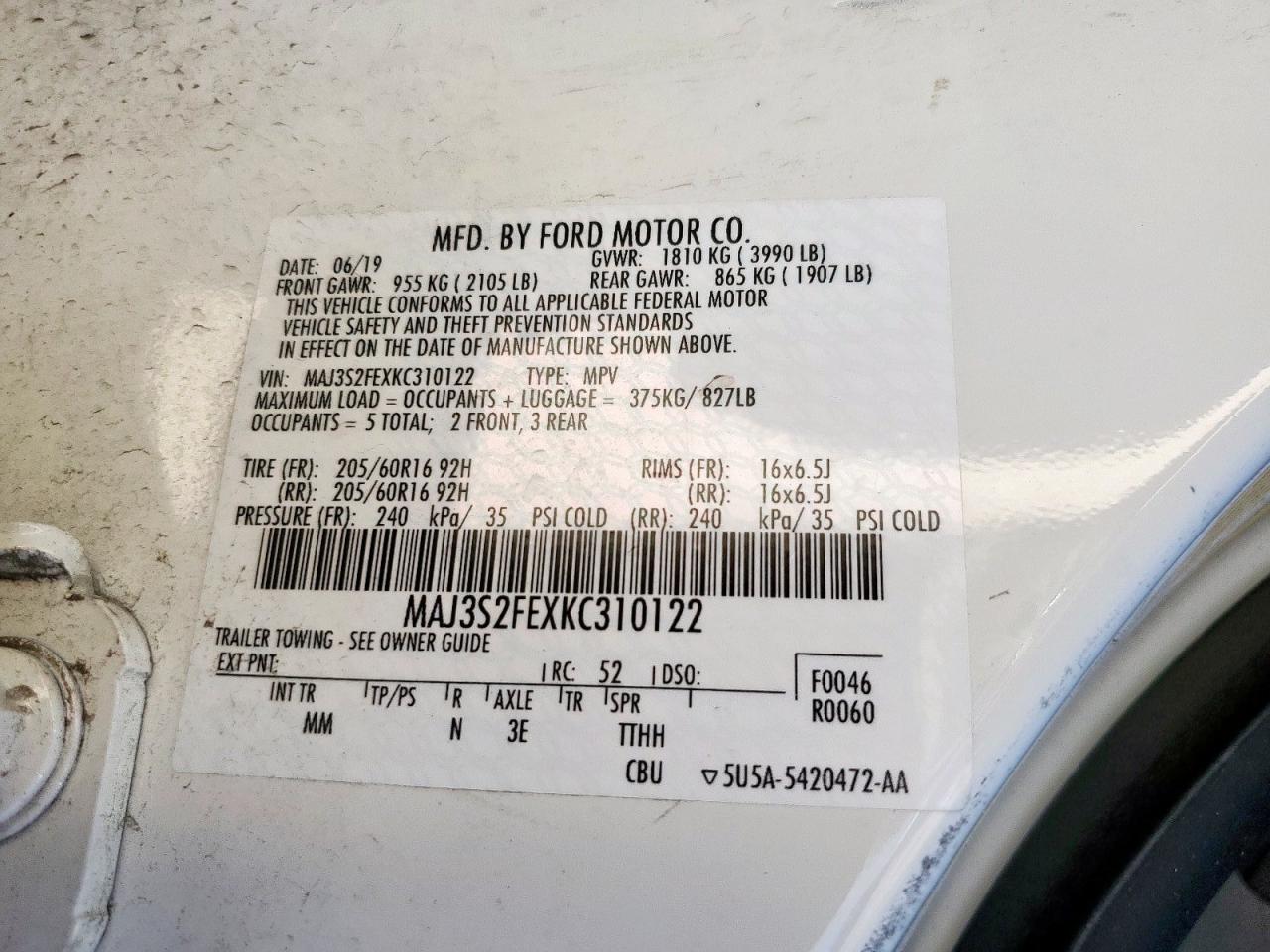 2019 Ford Ecosport S VIN: MAJ3S2FEXKC310122 Lot: 82458345