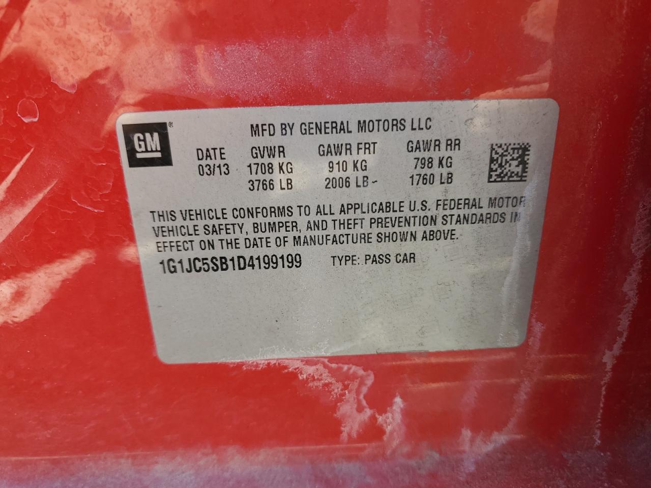 2013 Chevrolet Sonic Lt VIN: 1G1JC5SB1D4199199 Lot: 82304695