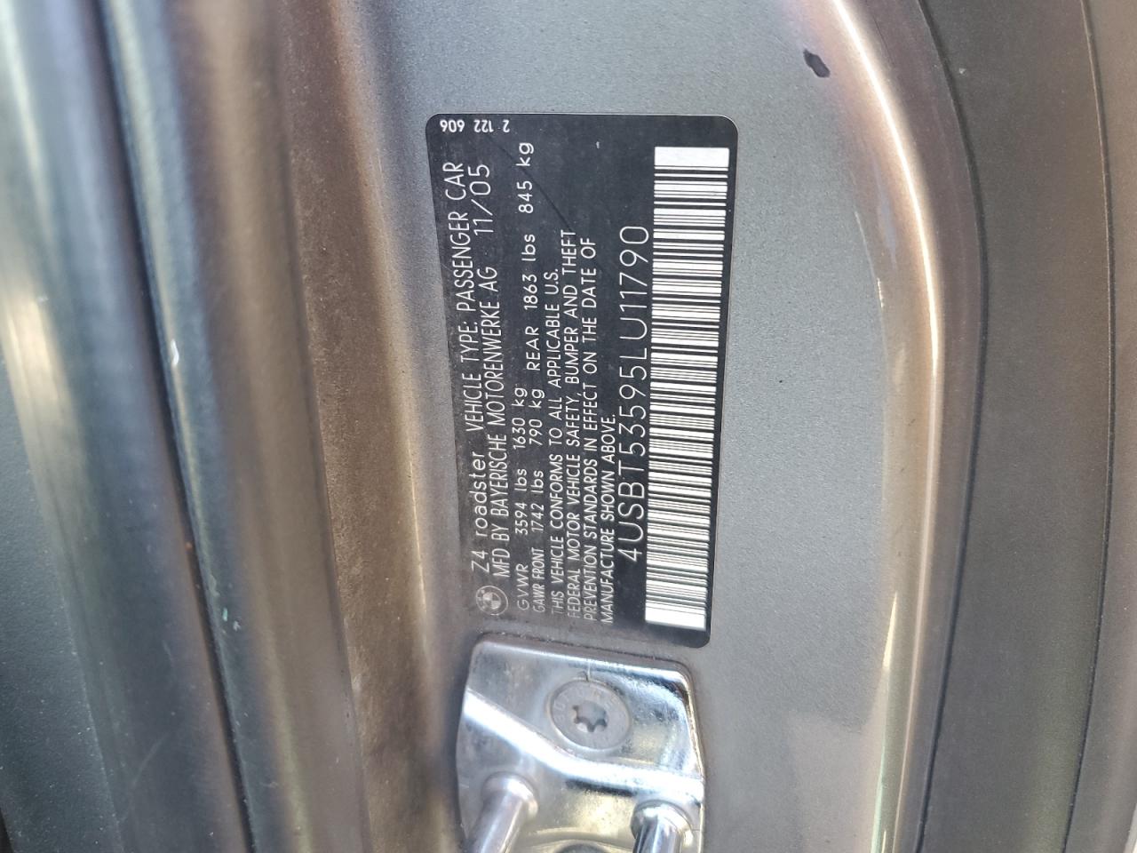 2005 BMW Z4 3.0 VIN: 4USBT53595LU11790 Lot: 87441375