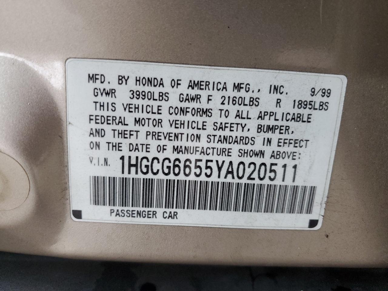 2000 Honda Accord Lx VIN: 1HGCG6655YA020511 Lot: 84967635