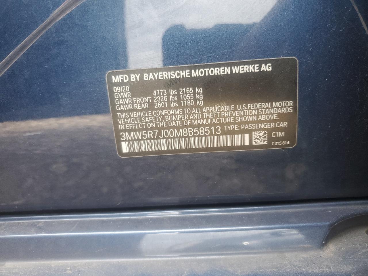 2021 BMW 330Xi VIN: 3MW5R7J00M8B58513 Lot: 82609625