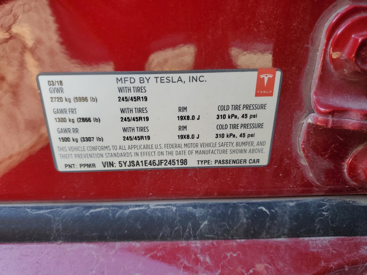 2018 Tesla Model S VIN: 5YJSA1E46JF245198 Lot: 84880425