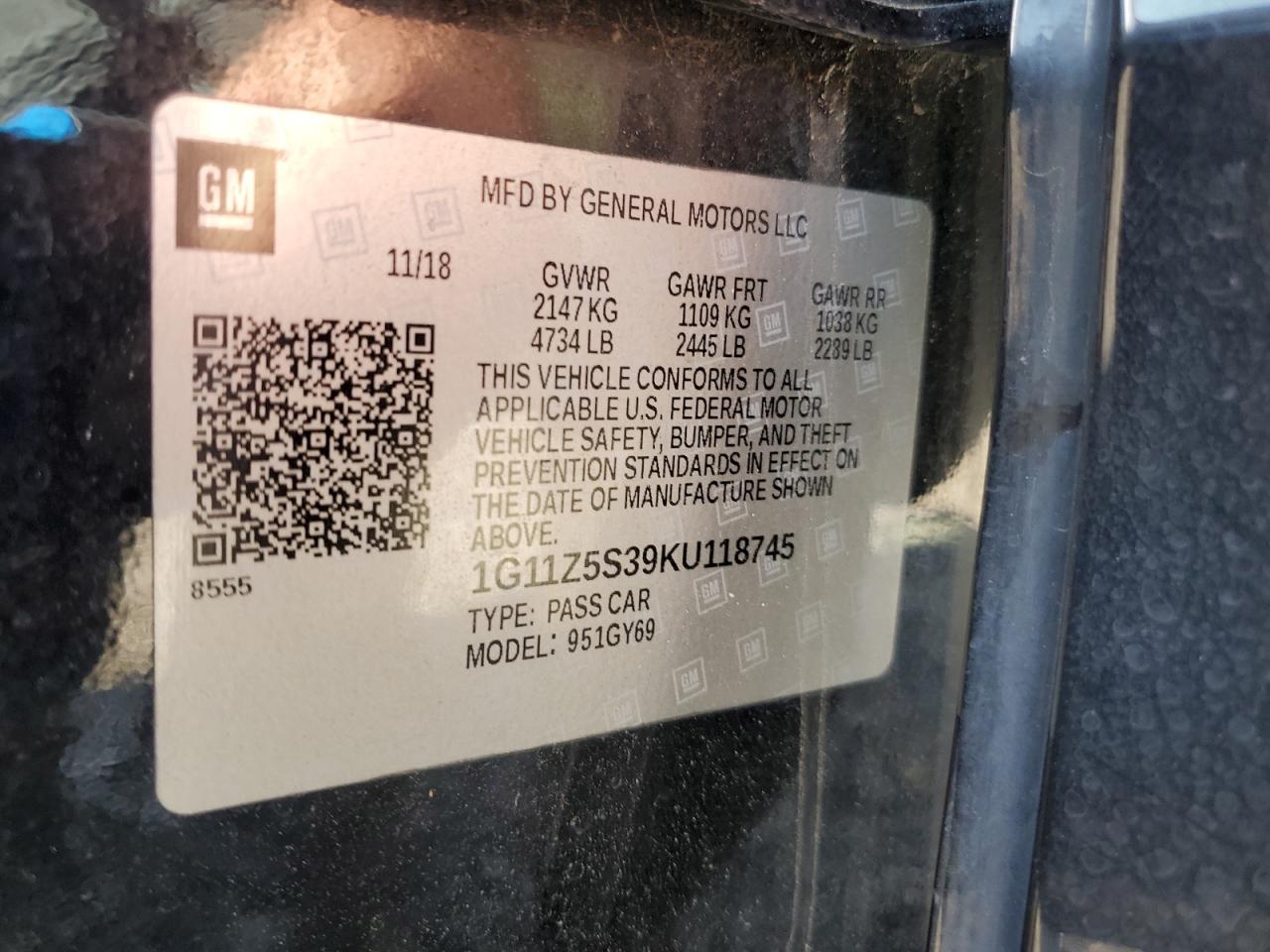 2019 Chevrolet Impala Lt VIN: 1G11Z5S39KU118745 Lot: 84984245