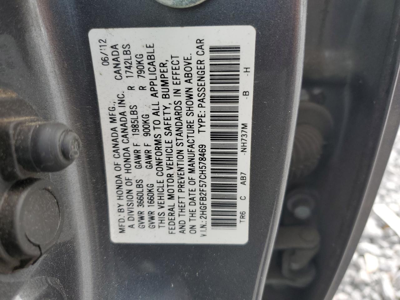 2012 Honda Civic Lx VIN: 2HGFB2F57CH578469 Lot: 85568275