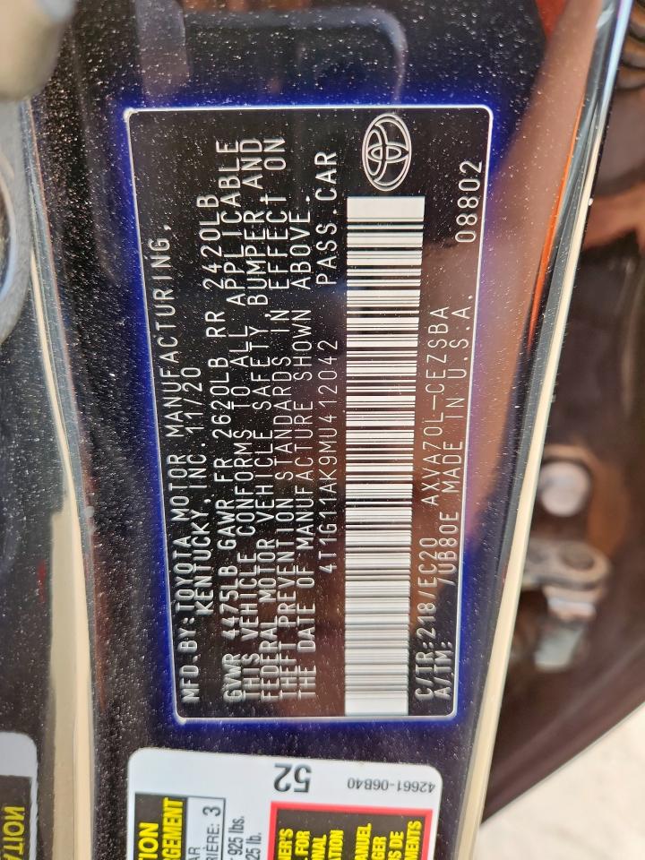 2021 Toyota Camry Se VIN: 4T1G11AK9MU412042 Lot: 84940965