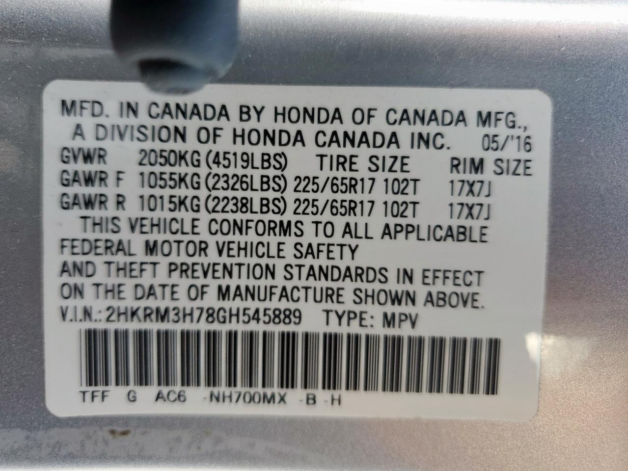 2016 Honda Cr-V Exl VIN: 2HKRM3H78GH545889 Lot: 84067155