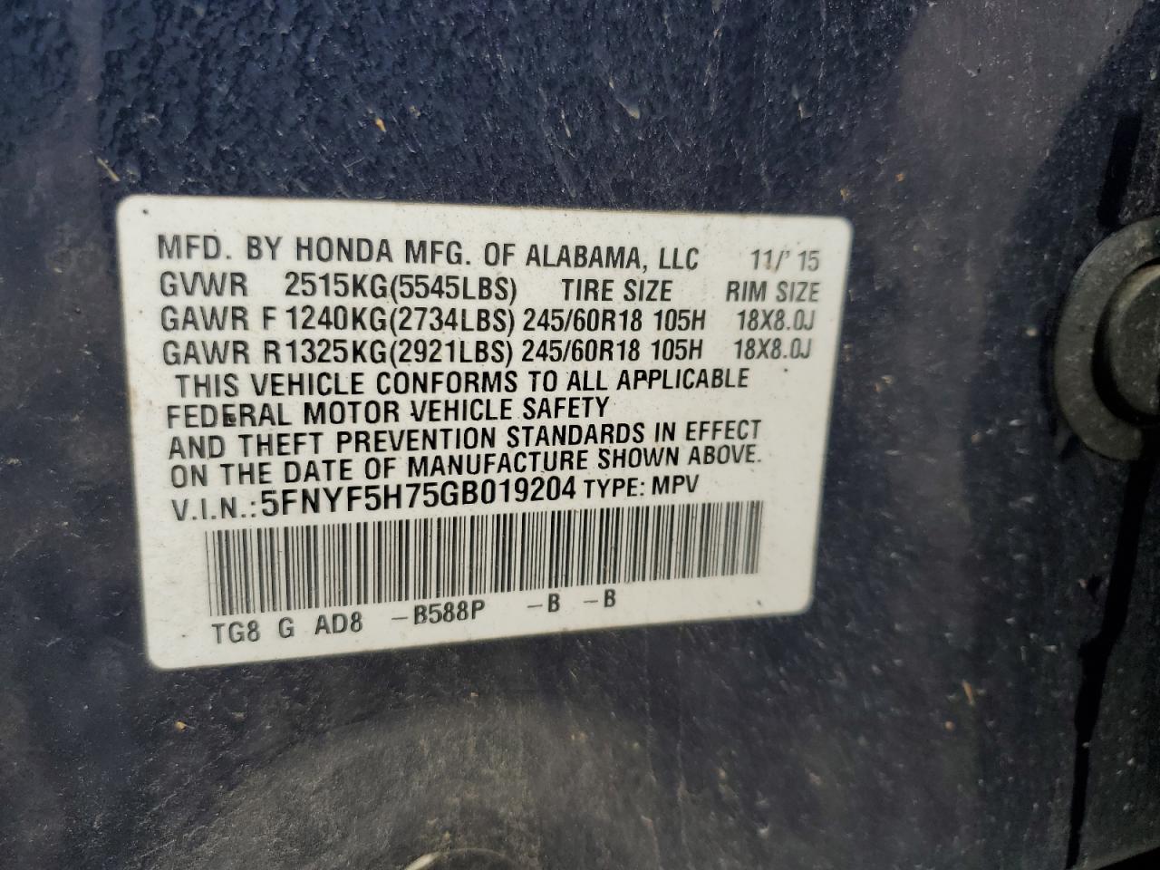 2016 Honda Pilot Exln VIN: 5FNYF5H75GB019204 Lot: 85781175