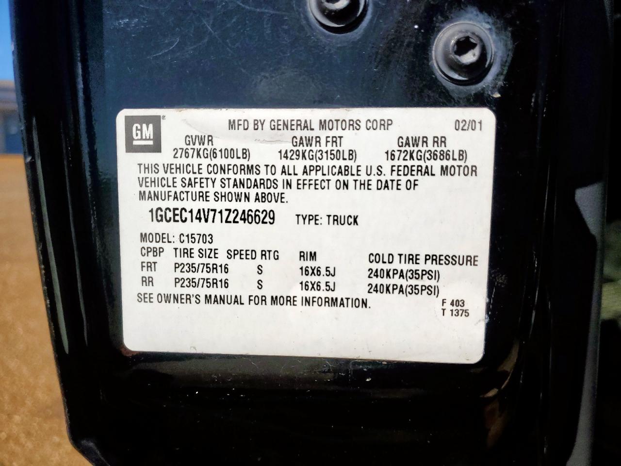 2001 Chevrolet Silverado C1500 VIN: 1GCEC14V71Z246629 Lot: 90650175