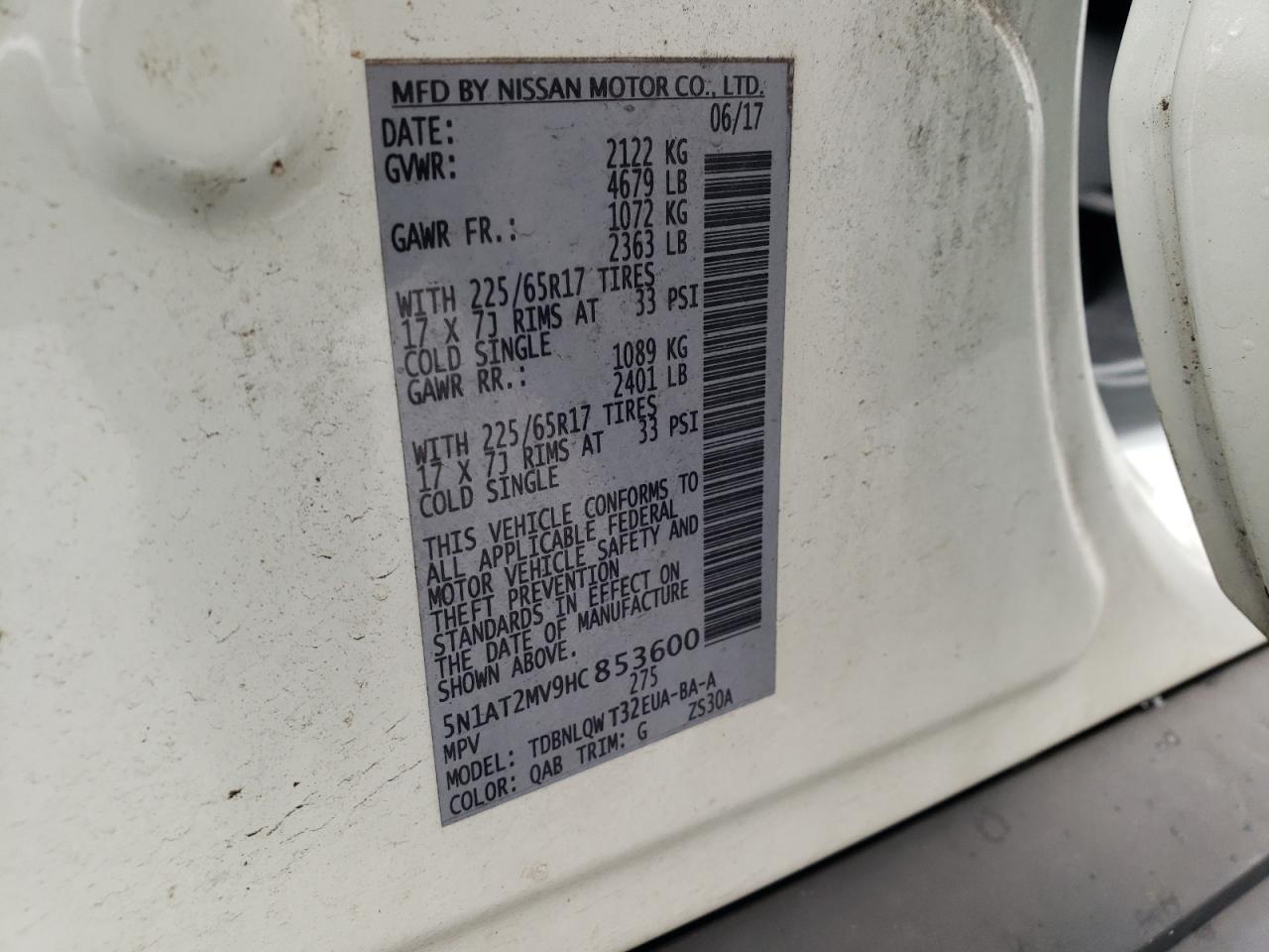 2017 Nissan Rogue Sv VIN: 5N1AT2MV9HC853600 Lot: 85360355