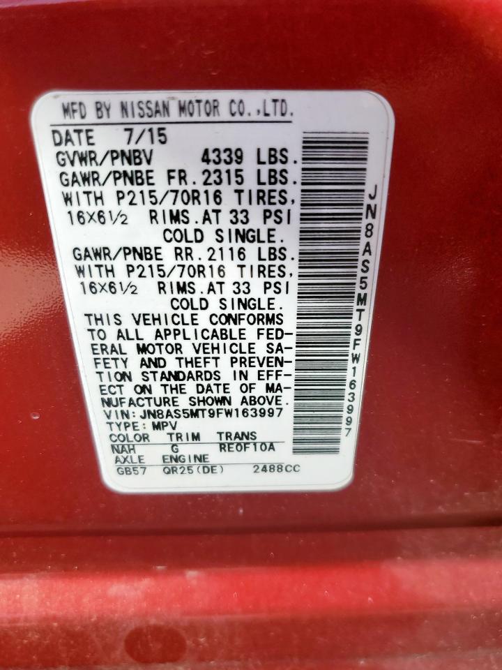 2015 Nissan Rogue Select S VIN: JN8AS5MT9FW163997 Lot: 82177545