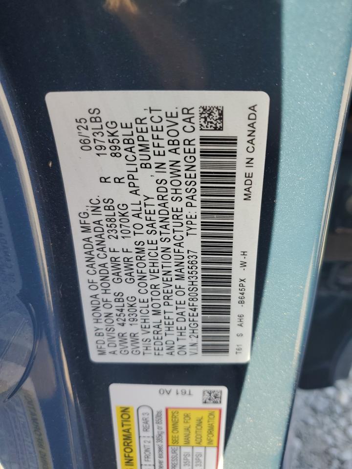 2025 Honda Civic Sport VIN: 2HGFE4F80SH355637 Lot: 85190305