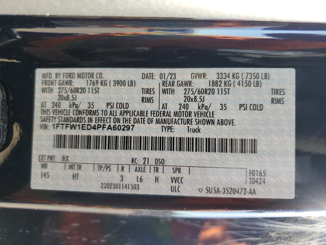 2023 Ford F150 Supercrew VIN: 1FTFW1ED4PFA60297 Lot: 82723475