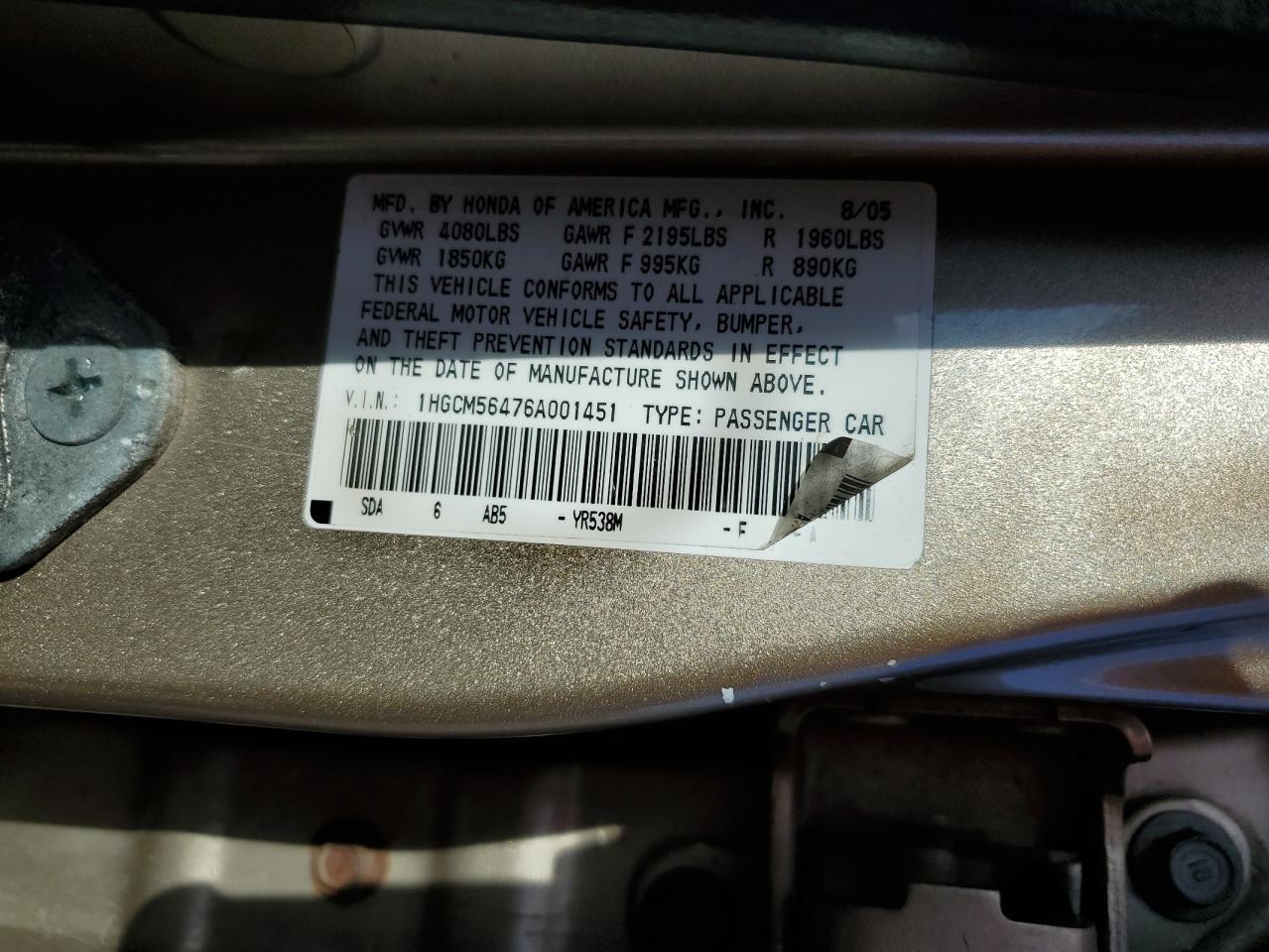 2006 Honda Accord Lx VIN: 1HGCM56476A001451 Lot: 86590565