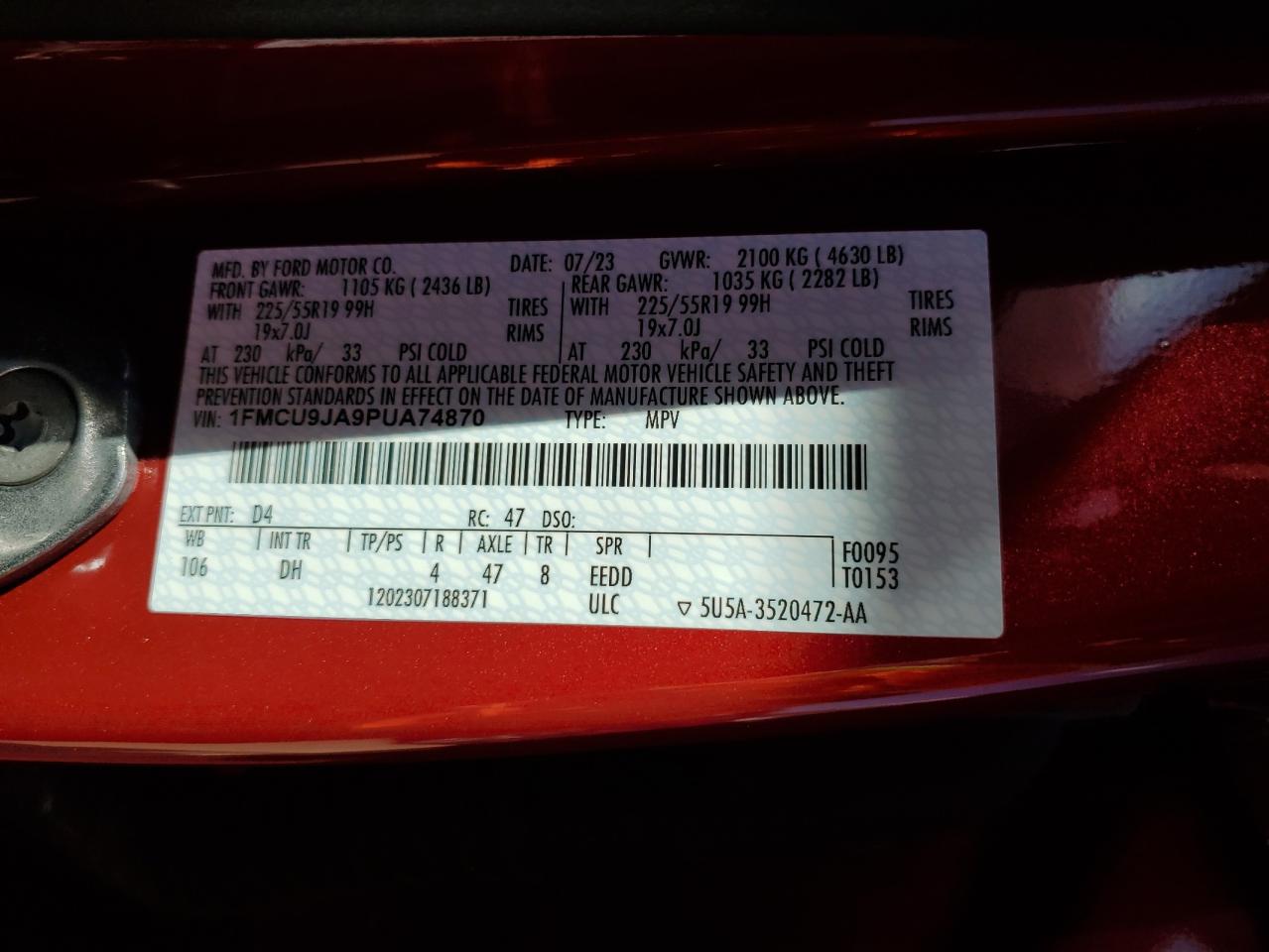 2023 Ford Escape Platinum VIN: 1FMCU9JA9PUA74870 Lot: 86291875