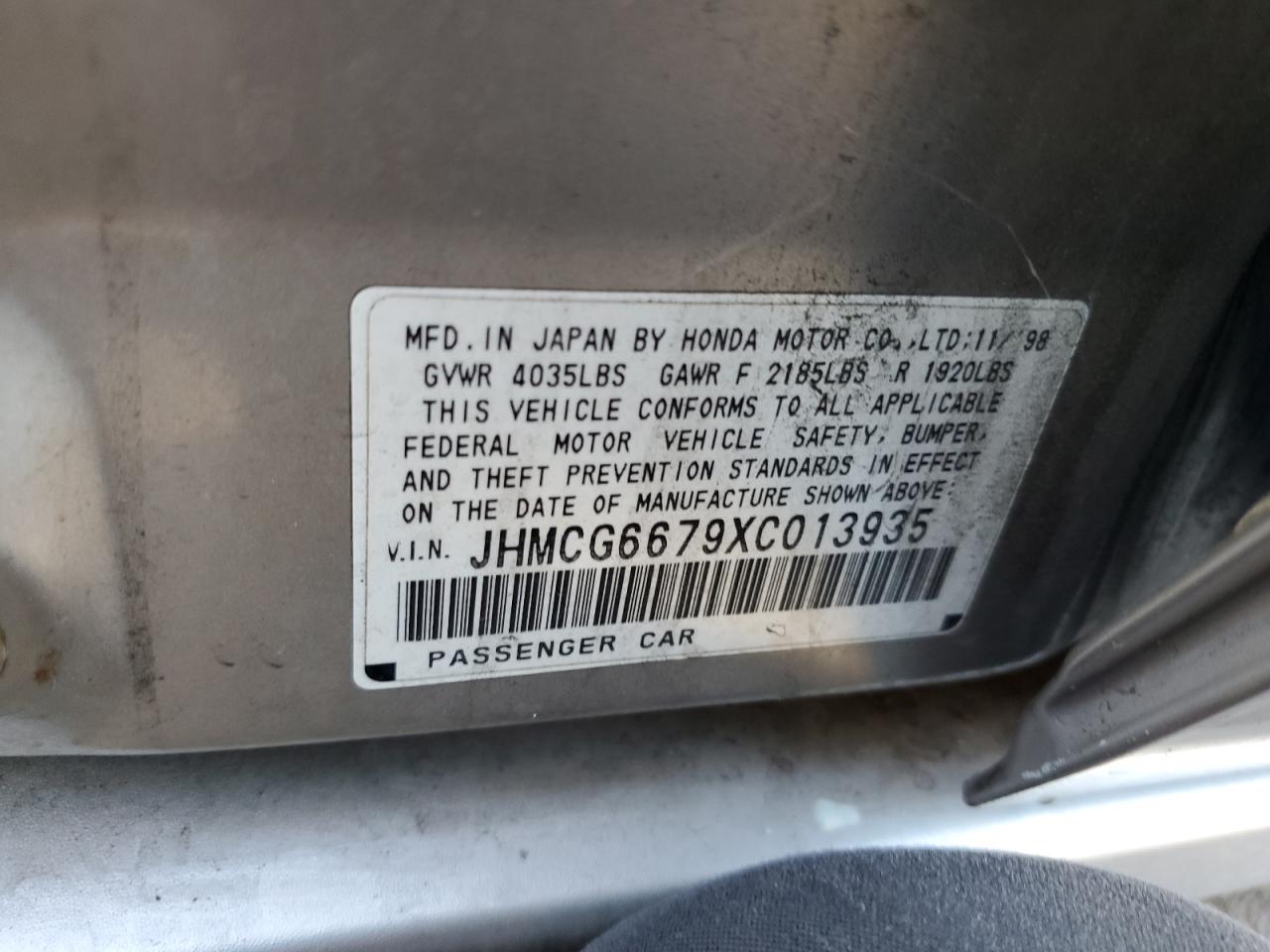 1999 Honda Accord Ex VIN: JHMCG6679XC013935 Lot: 87305185