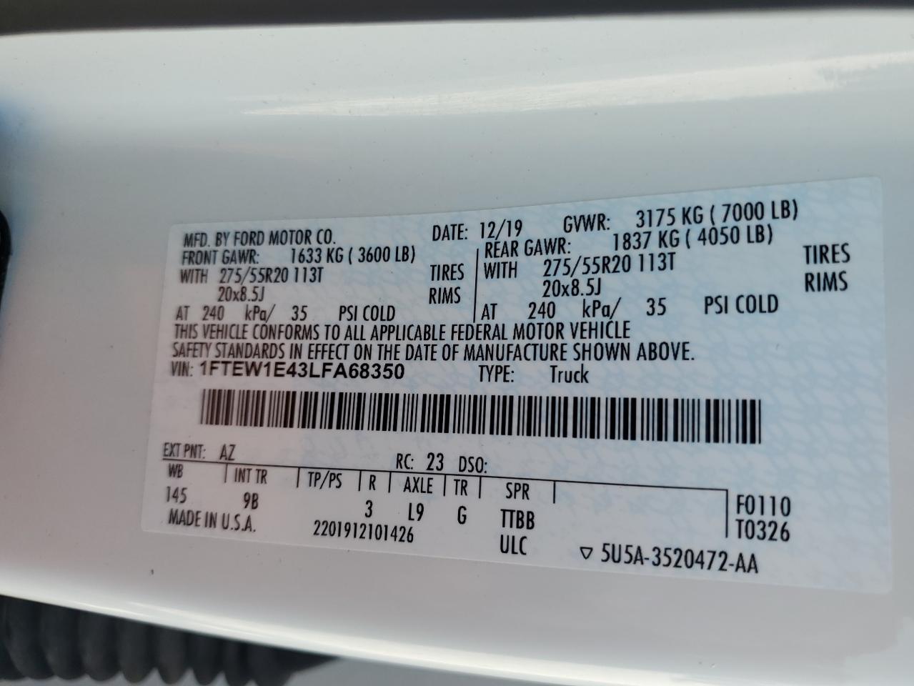 2020 Ford F150 Supercrew VIN: 1FTEW1E43LFA68350 Lot: 90266795