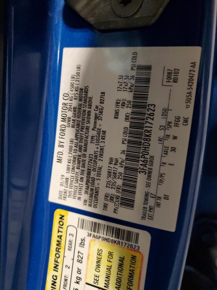 2019 Ford Fusion Se VIN: 3FA6P0HD8KR172623 Lot: 85269875