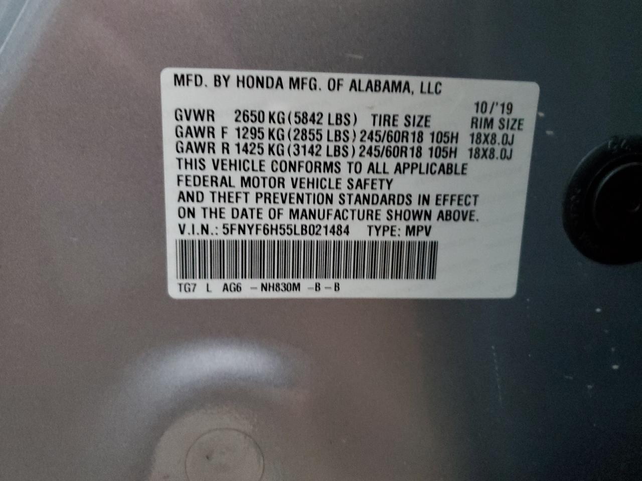 2020 Honda Pilot Exl VIN: 5FNYF6H55LB021484 Lot: 87391495
