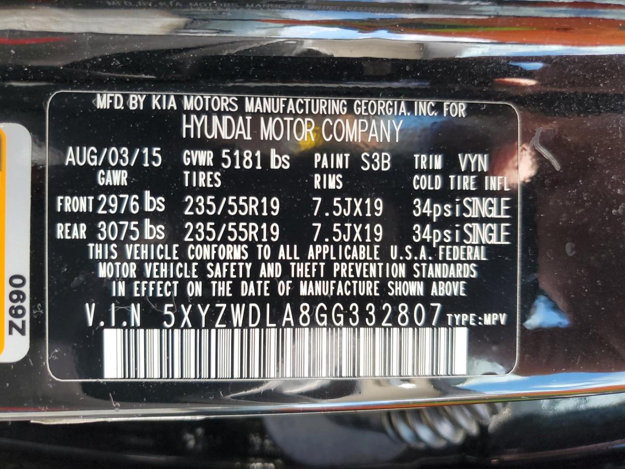 2016 Hyundai Santa Fe Sport VIN: 5XYZWDLA8GG332807 Lot: 86062895