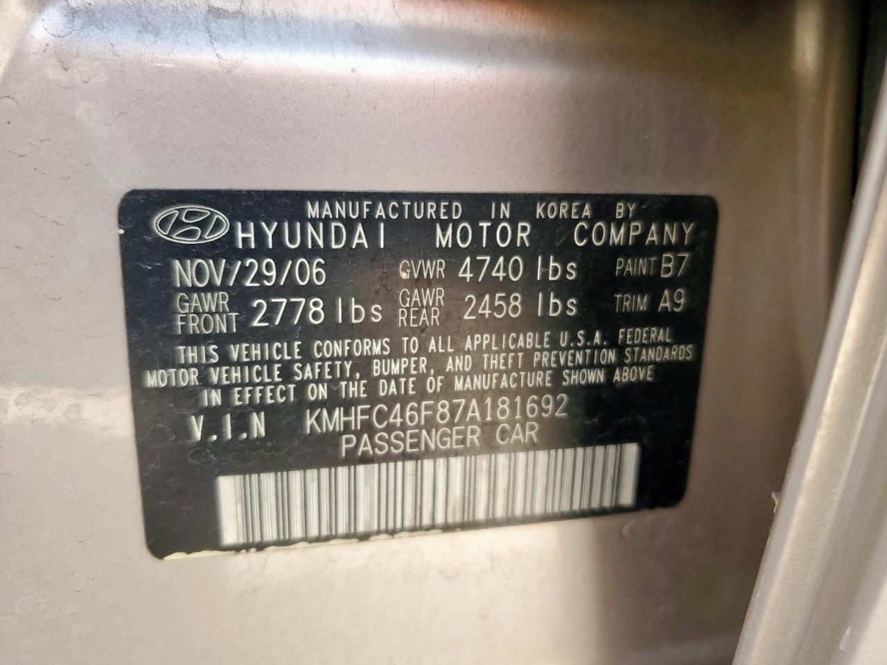 2007 Hyundai Azera Se VIN: KMHFC46F87A181692 Lot: 85298895