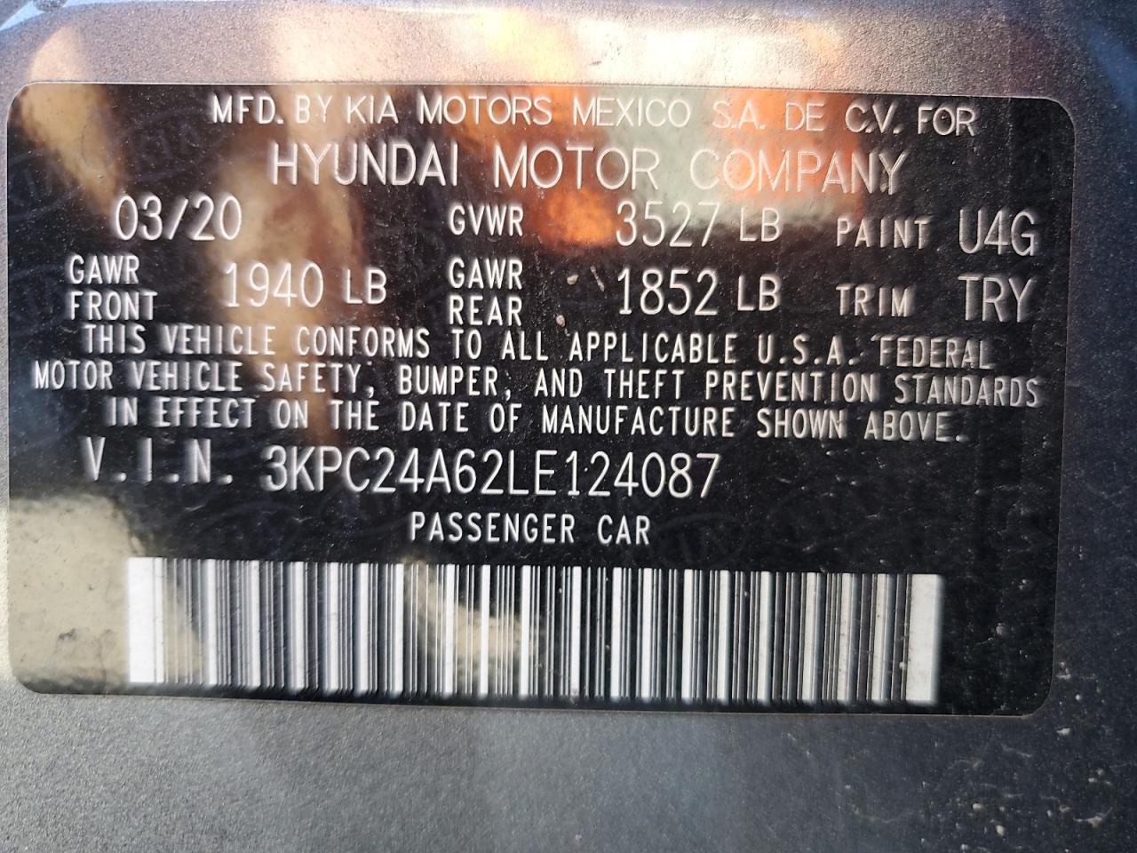 2020 Hyundai Accent Se VIN: 3KPC24A62LE124087 Lot: 89560475