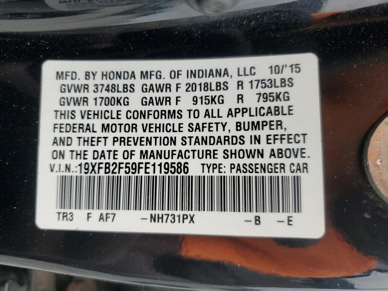 2015 Honda Civic Lx VIN: 19XFB2F59FE119586 Lot: 82352665