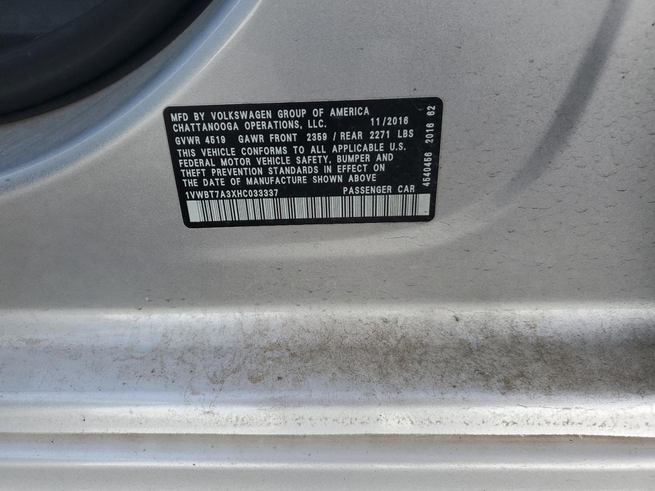 2017 Volkswagen Passat Se VIN: 1VWBT7A3XHC033337 Lot: 84790175