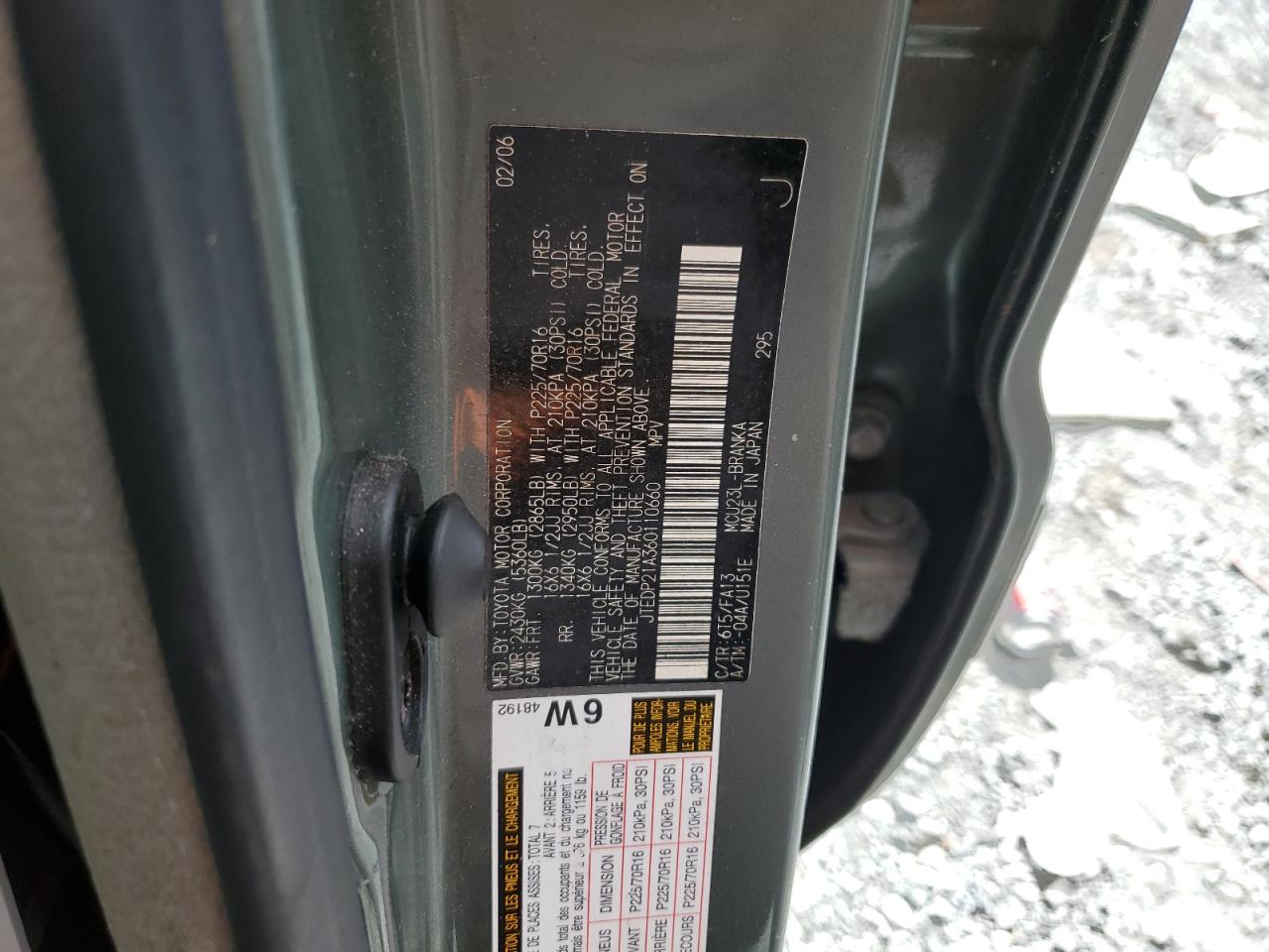 2006 Toyota Highlander Limited VIN: JTEDP21A360110660 Lot: 85710075