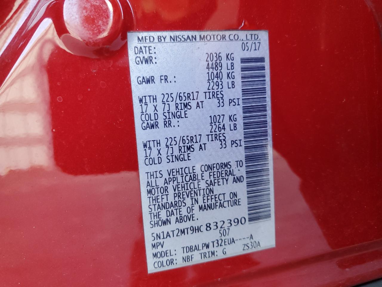 2017 Nissan Rogue S VIN: 5N1AT2MT9HC832390 Lot: 85550005