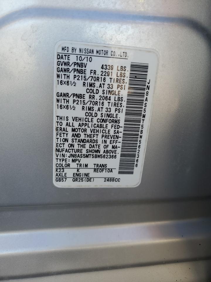 2011 Nissan Rogue S VIN: JN8AS5MT5BW562366 Lot: 85848915