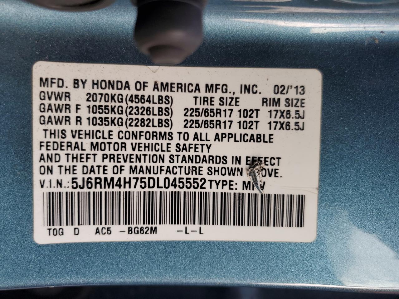 2013 Honda Cr-V Exl VIN: 5J6RM4H75DL045552 Lot: 82230495