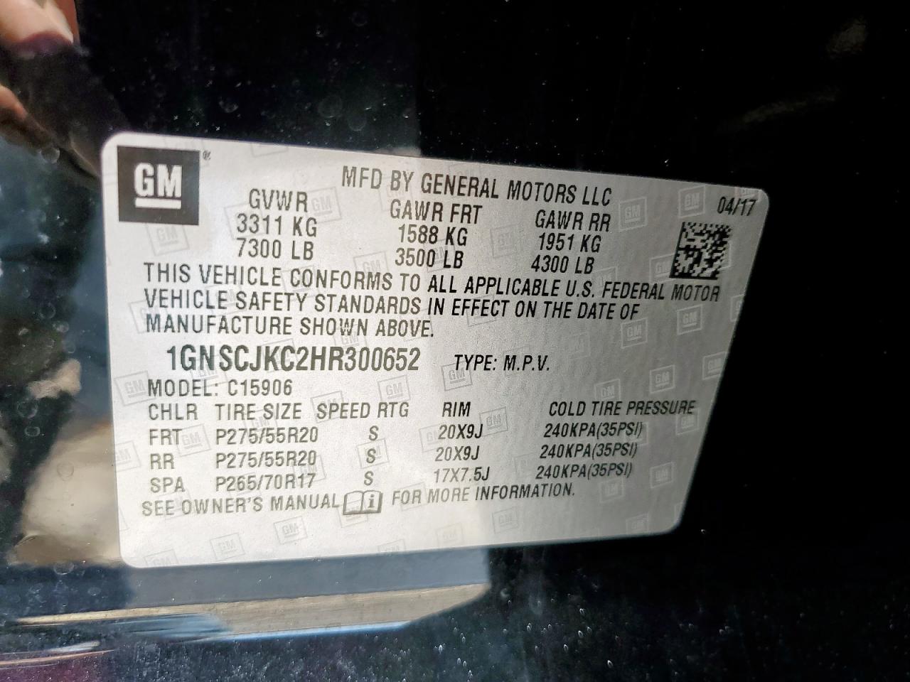 2017 Chevrolet Suburban C1500 Premier VIN: 1GNSCJKC2HR300652 Lot: 84946335