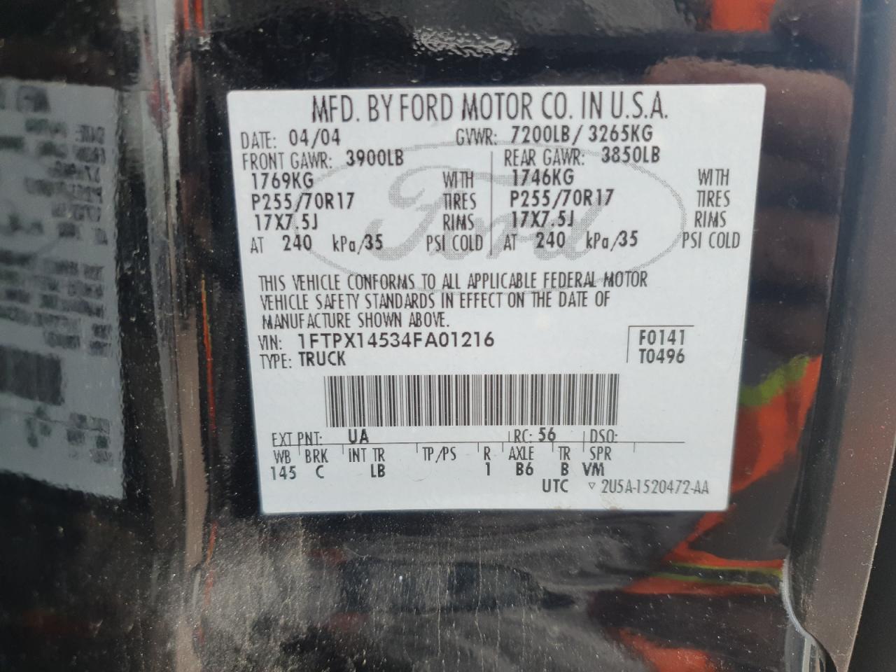 2004 Ford F150 VIN: 1FTPX14534FA01216 Lot: 84907805